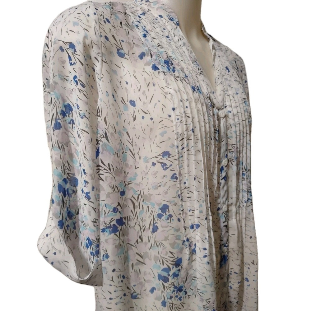 Apt 9 Blouse Women's Plus Size 1X Floral Print V Neck 3/4 Roll Up Sleeves  Sheer